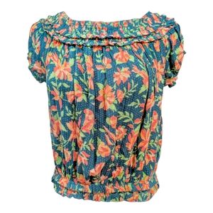 Free People One Teal Floral Ruched Blouse Size S